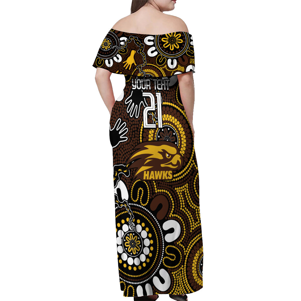 Custom Hawthorn NAIDOC Week 2024 Off Shoulder Maxi Dress Fire Burning Aboriginal Dots Art