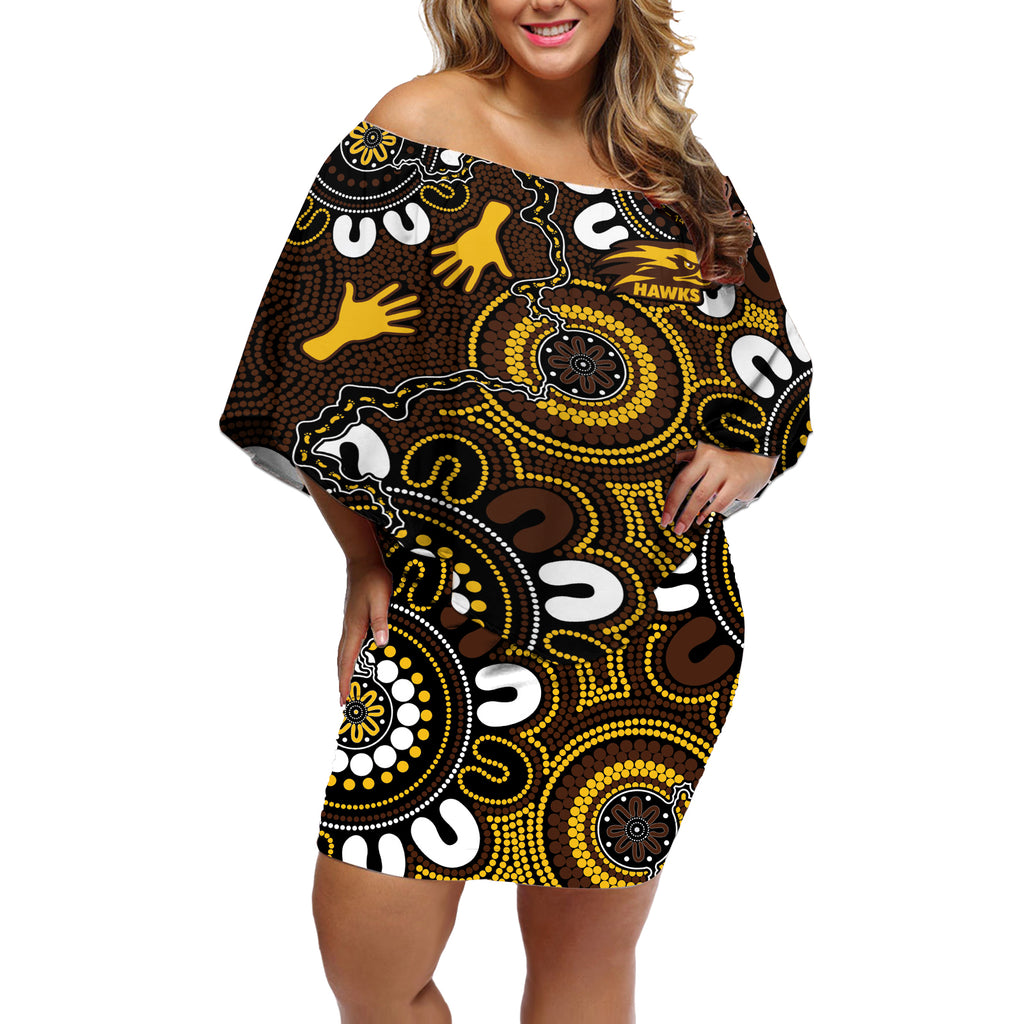 Custom Hawthorn NAIDOC Week 2024 Off Shoulder Short Dress Fire Burning Aboriginal Dots Art
