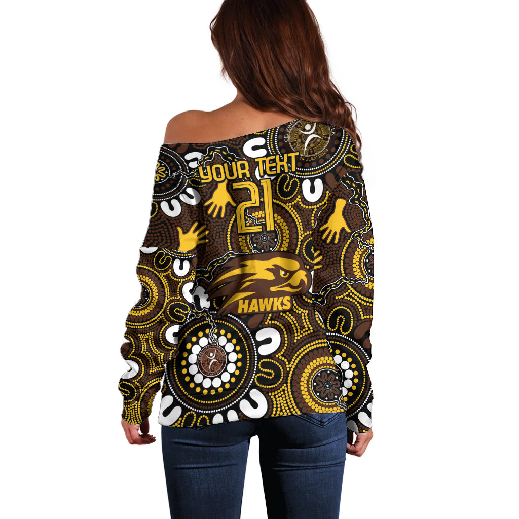 Custom Hawthorn NAIDOC Week 2024 Off Shoulder Sweater Fire Burning Aboriginal Dots Art