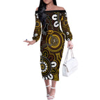 Custom Hawthorn NAIDOC Week 2024 Off The Shoulder Long Sleeve Dress Fire Burning Aboriginal Dots Art