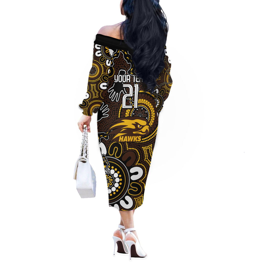 Custom Hawthorn NAIDOC Week 2024 Off The Shoulder Long Sleeve Dress Fire Burning Aboriginal Dots Art
