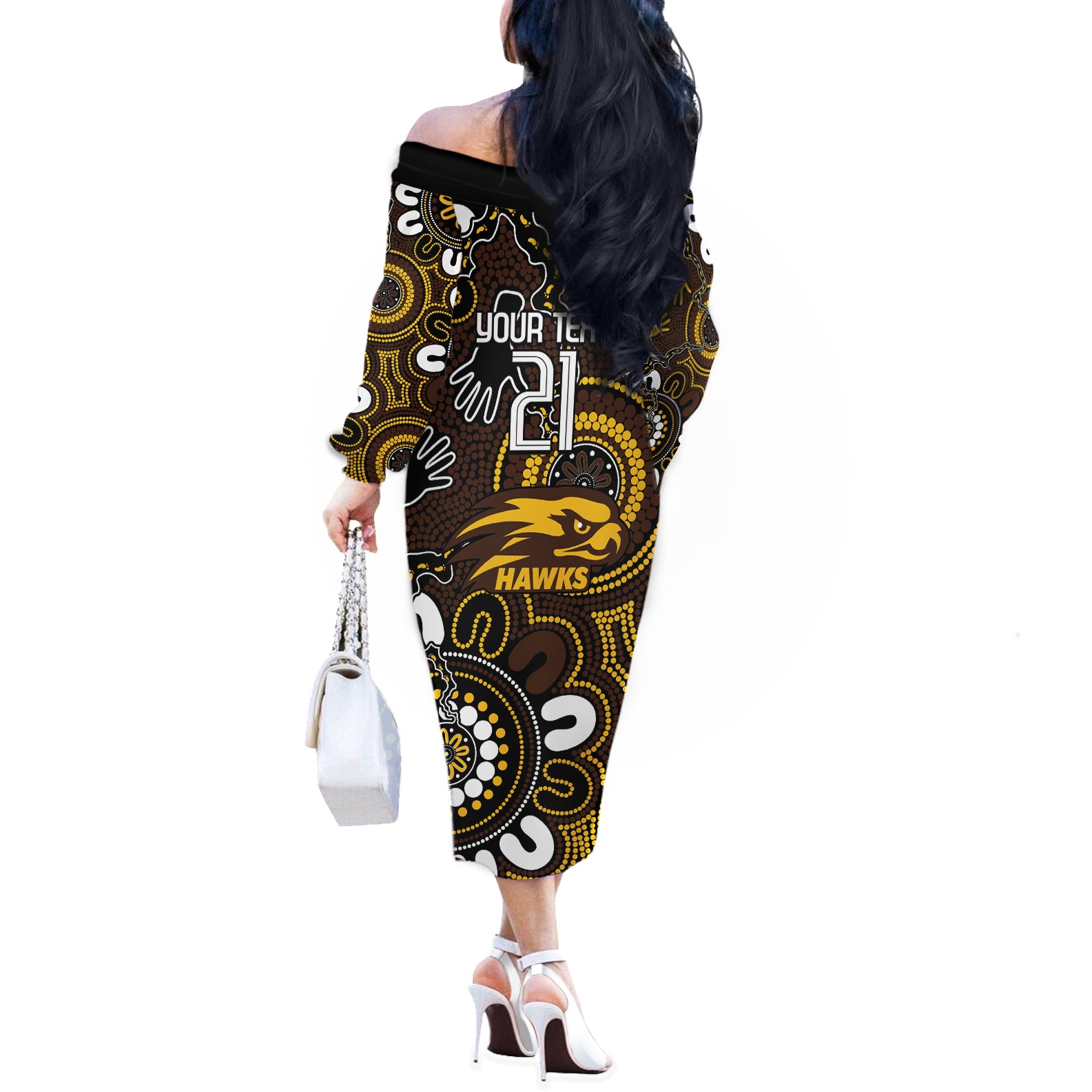 Custom Hawthorn NAIDOC Week 2024 Off The Shoulder Long Sleeve Dress Fire Burning Aboriginal Dots Art