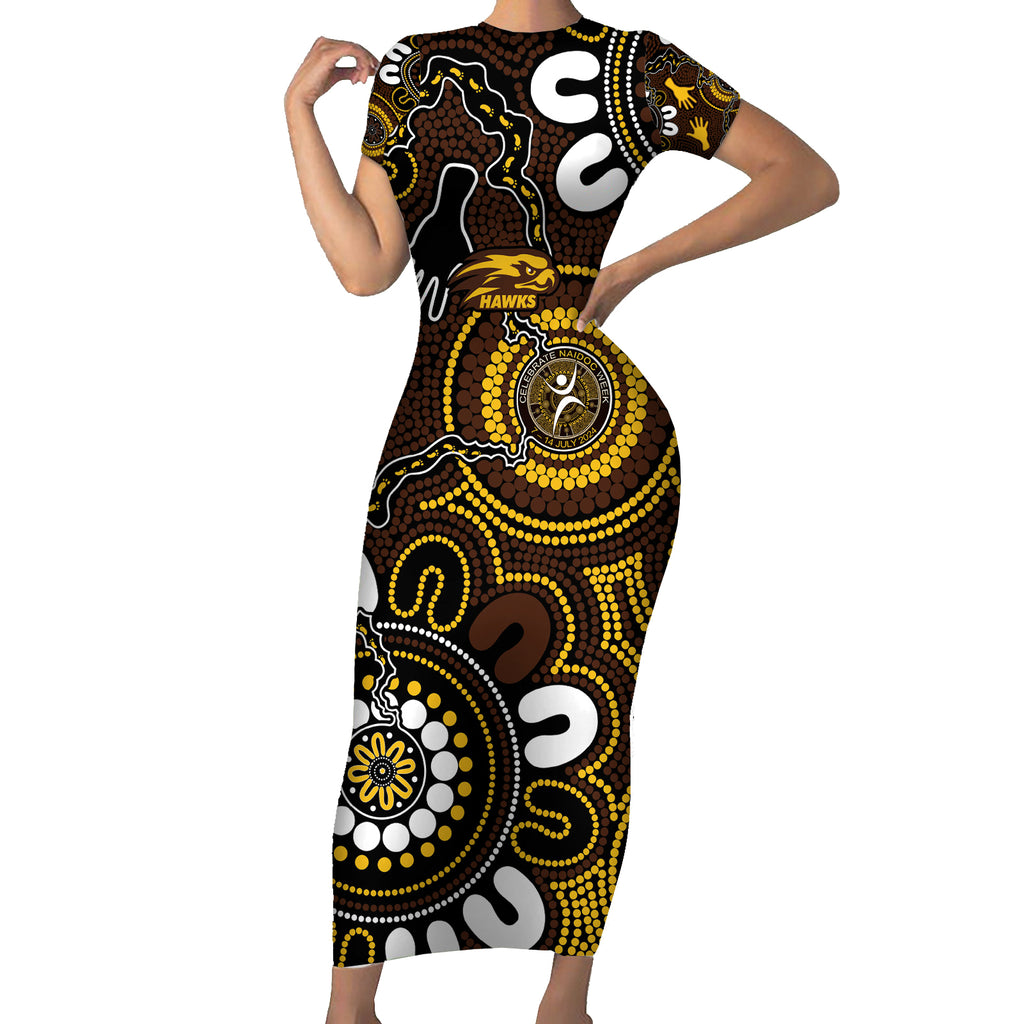 Custom Hawthorn NAIDOC Week 2024 Short Sleeve Bodycon Dress Fire Burning Aboriginal Dots Art