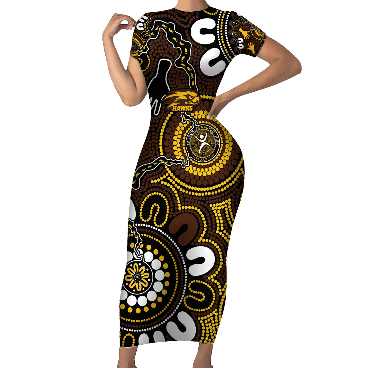 Custom Hawthorn NAIDOC Week 2024 Short Sleeve Bodycon Dress Fire Burning Aboriginal Dots Art