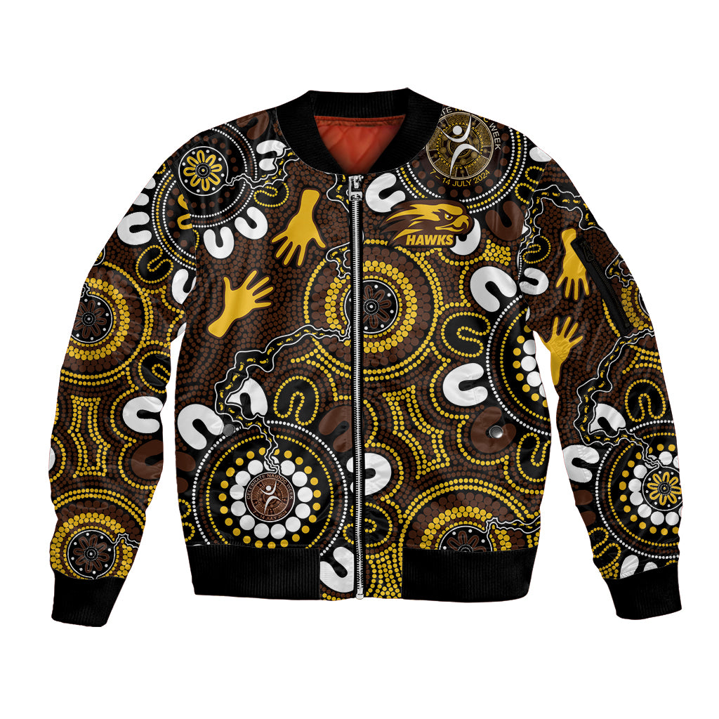 Custom Hawthorn NAIDOC Week 2024 Sleeve Zip Bomber Jacket Fire Burning Aboriginal Dots Art