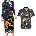 Custom Lions Football NAIDOC Week 2024 Couples Matching Long Sleeve Bodycon Dress and Hawaiian Shirt Fire Burning Aboriginal Dots Art