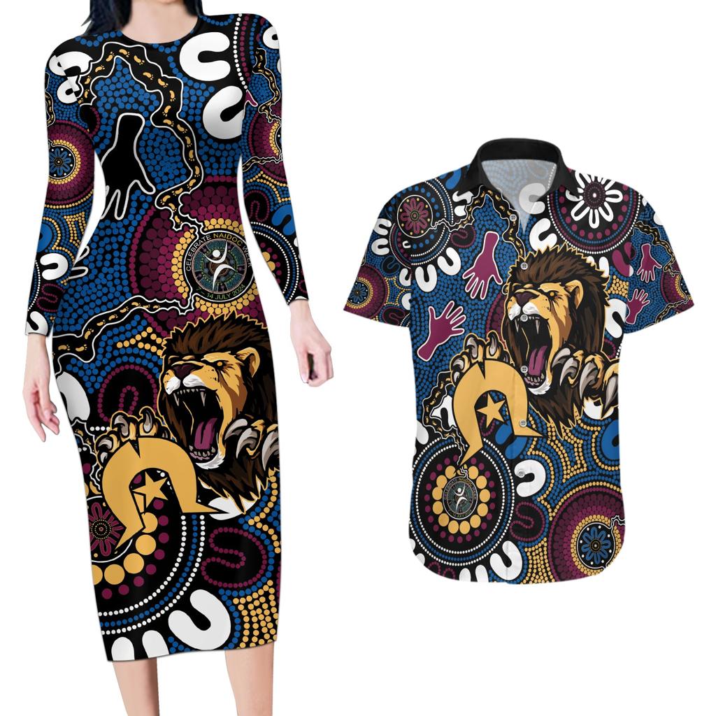 Custom Lions Football NAIDOC Week 2024 Couples Matching Long Sleeve Bodycon Dress and Hawaiian Shirt Fire Burning Aboriginal Dots Art