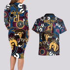 Custom Lions Football NAIDOC Week 2024 Couples Matching Long Sleeve Bodycon Dress and Hawaiian Shirt Fire Burning Aboriginal Dots Art