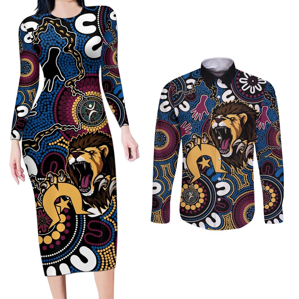 Custom Lions Football NAIDOC Week 2024 Couples Matching Long Sleeve Bodycon Dress and Long Sleeve Button Shirt Fire Burning Aboriginal Dots Art