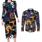 Custom Lions Football NAIDOC Week 2024 Couples Matching Long Sleeve Bodycon Dress and Long Sleeve Button Shirt Fire Burning Aboriginal Dots Art