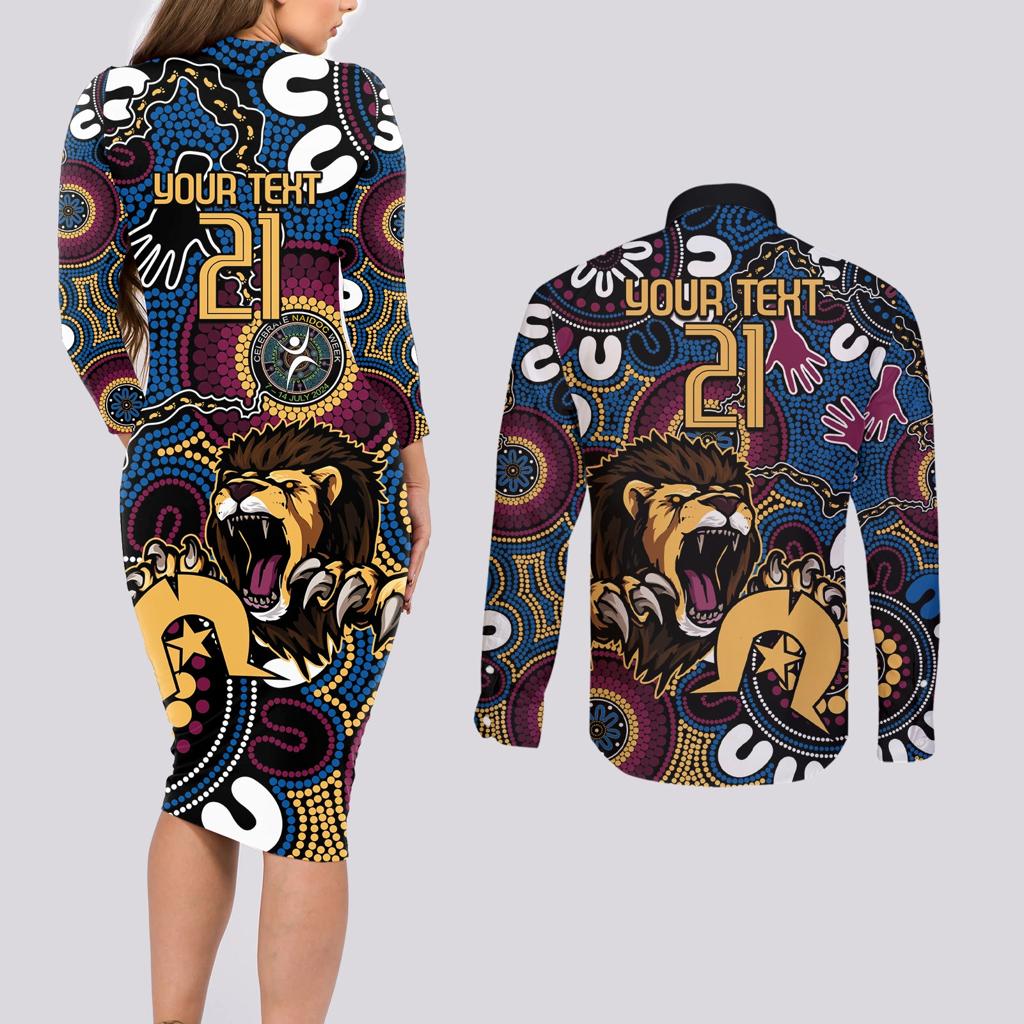 Custom Lions Football NAIDOC Week 2024 Couples Matching Long Sleeve Bodycon Dress and Long Sleeve Button Shirt Fire Burning Aboriginal Dots Art