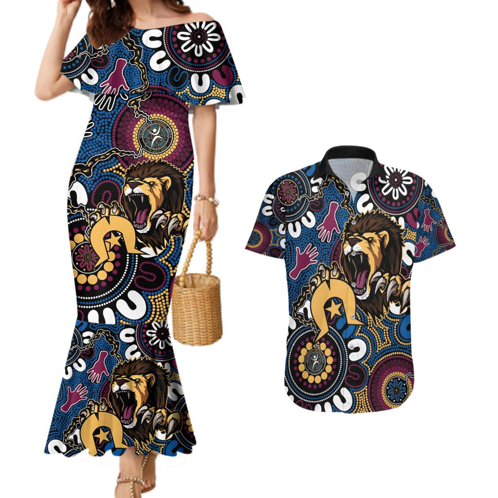 Custom Lions Football NAIDOC Week 2024 Couples Matching Mermaid Dress and Hawaiian Shirt Fire Burning Aboriginal Dots Art