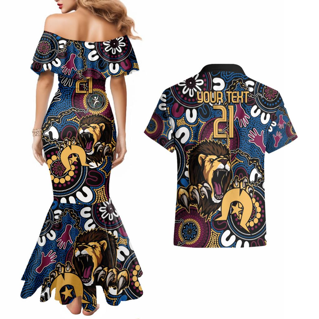 Custom Lions Football NAIDOC Week 2024 Couples Matching Mermaid Dress and Hawaiian Shirt Fire Burning Aboriginal Dots Art