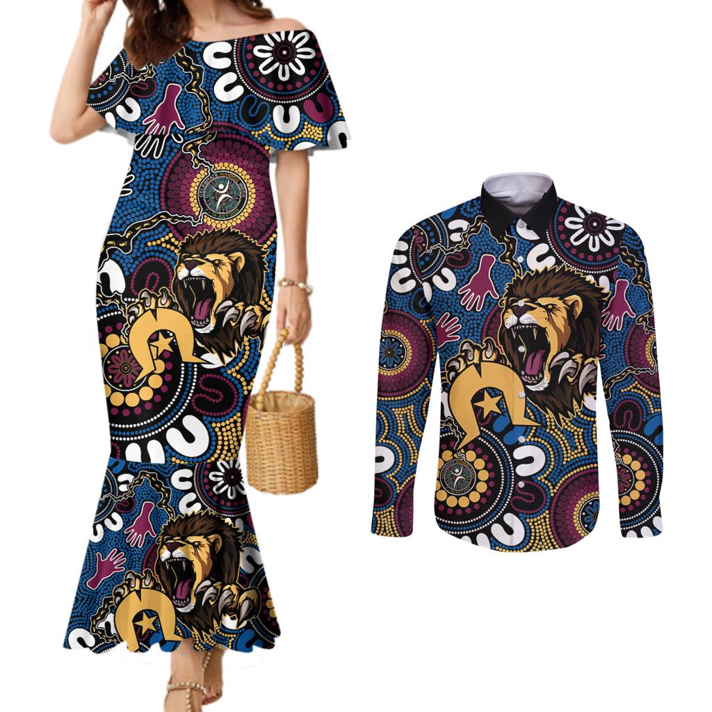 Custom Lions Football NAIDOC Week 2024 Couples Matching Mermaid Dress and Long Sleeve Button Shirt Fire Burning Aboriginal Dots Art
