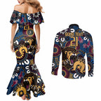 Custom Lions Football NAIDOC Week 2024 Couples Matching Mermaid Dress and Long Sleeve Button Shirt Fire Burning Aboriginal Dots Art