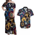 Custom Lions Football NAIDOC Week 2024 Couples Matching Off Shoulder Maxi Dress and Hawaiian Shirt Fire Burning Aboriginal Dots Art