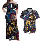 Custom Lions Football NAIDOC Week 2024 Couples Matching Off Shoulder Maxi Dress and Hawaiian Shirt Fire Burning Aboriginal Dots Art