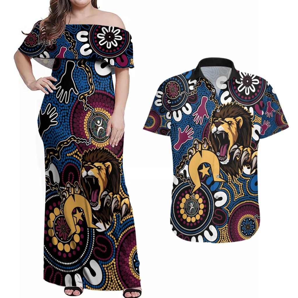 Custom Lions Football NAIDOC Week 2024 Couples Matching Off Shoulder Maxi Dress and Hawaiian Shirt Fire Burning Aboriginal Dots Art