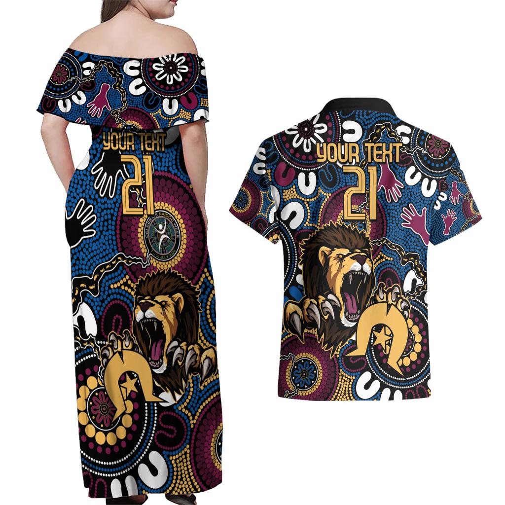 Custom Lions Football NAIDOC Week 2024 Couples Matching Off Shoulder Maxi Dress and Hawaiian Shirt Fire Burning Aboriginal Dots Art