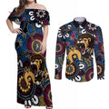 Custom Lions Football NAIDOC Week 2024 Couples Matching Off Shoulder Maxi Dress and Long Sleeve Button Shirt Fire Burning Aboriginal Dots Art
