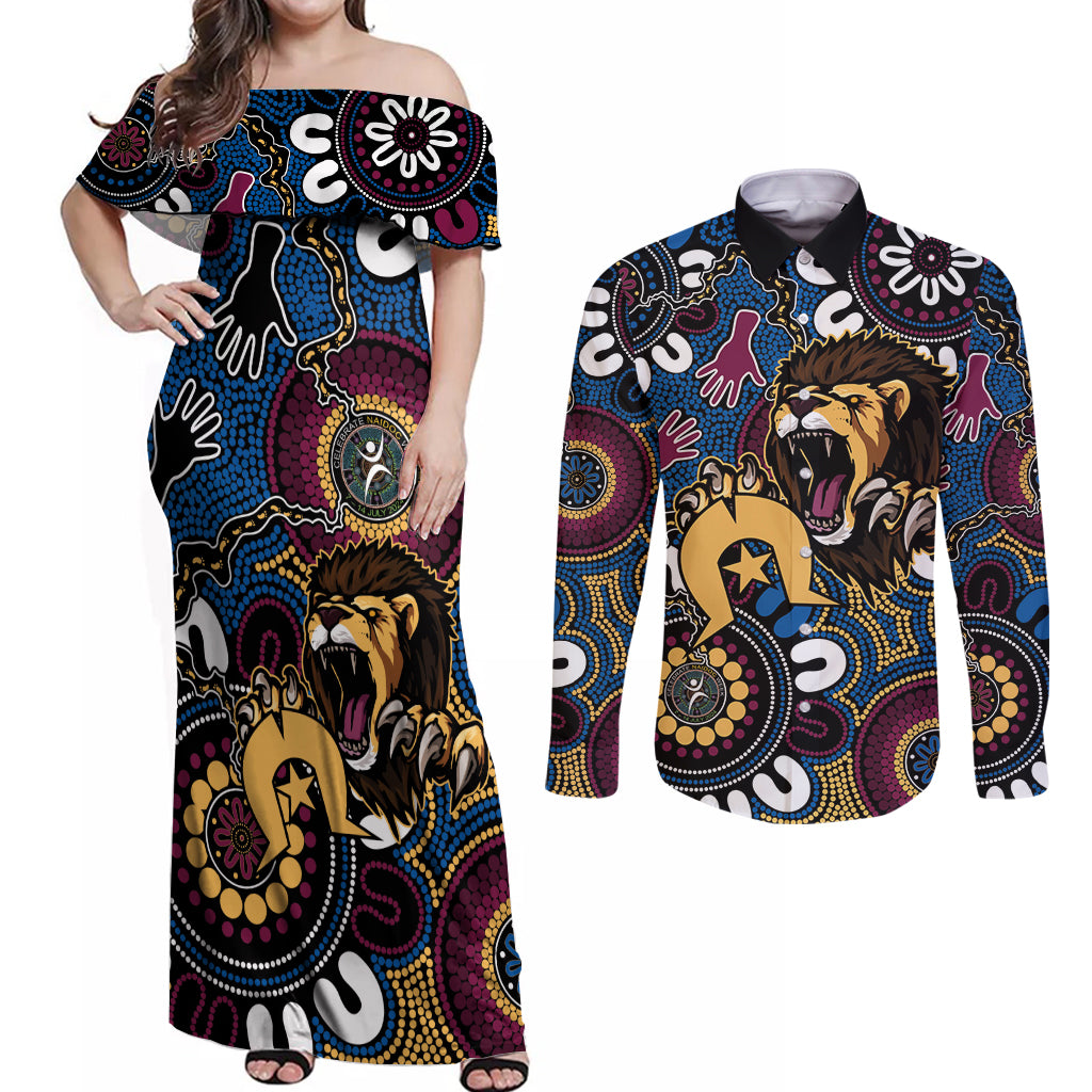 Custom Lions Football NAIDOC Week 2024 Couples Matching Off Shoulder Maxi Dress and Long Sleeve Button Shirt Fire Burning Aboriginal Dots Art