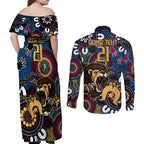Custom Lions Football NAIDOC Week 2024 Couples Matching Off Shoulder Maxi Dress and Long Sleeve Button Shirt Fire Burning Aboriginal Dots Art