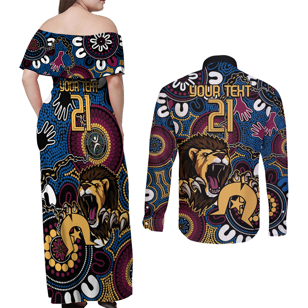 Custom Lions Football NAIDOC Week 2024 Couples Matching Off Shoulder Maxi Dress and Long Sleeve Button Shirt Fire Burning Aboriginal Dots Art