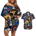 Custom Lions Football NAIDOC Week 2024 Couples Matching Off Shoulder Short Dress and Hawaiian Shirt Fire Burning Aboriginal Dots Art