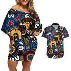 Custom Lions Football NAIDOC Week 2024 Couples Matching Off Shoulder Short Dress and Hawaiian Shirt Fire Burning Aboriginal Dots Art