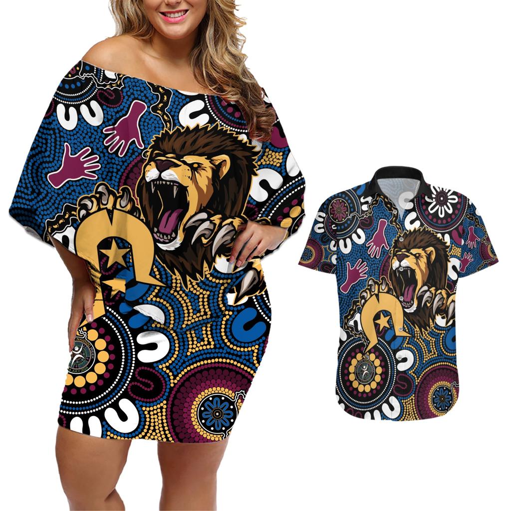Custom Lions Football NAIDOC Week 2024 Couples Matching Off Shoulder Short Dress and Hawaiian Shirt Fire Burning Aboriginal Dots Art