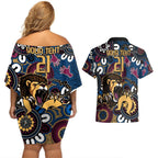 Custom Lions Football NAIDOC Week 2024 Couples Matching Off Shoulder Short Dress and Hawaiian Shirt Fire Burning Aboriginal Dots Art