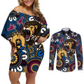 Custom Lions Football NAIDOC Week 2024 Couples Matching Off Shoulder Short Dress and Long Sleeve Button Shirt Fire Burning Aboriginal Dots Art