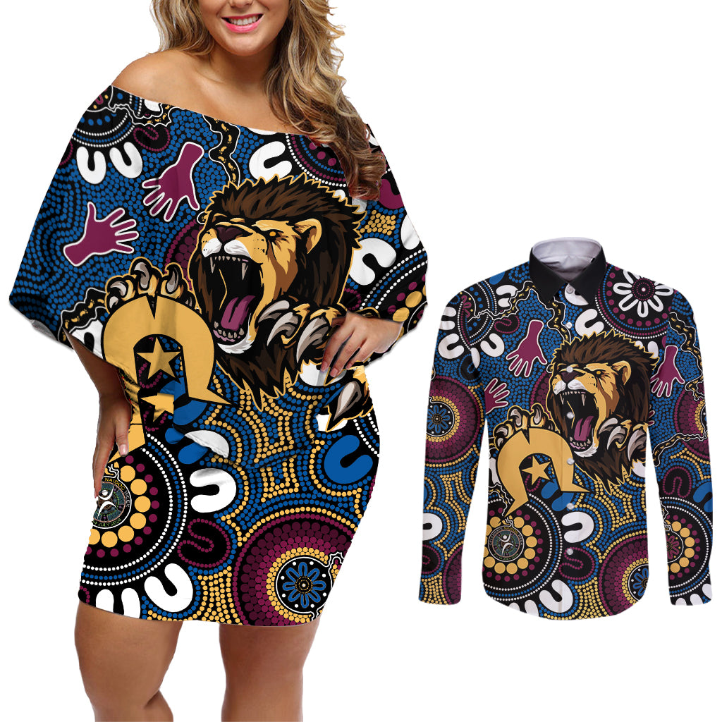 Custom Lions Football NAIDOC Week 2024 Couples Matching Off Shoulder Short Dress and Long Sleeve Button Shirt Fire Burning Aboriginal Dots Art