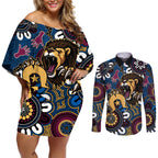 Custom Lions Football NAIDOC Week 2024 Couples Matching Off Shoulder Short Dress and Long Sleeve Button Shirt Fire Burning Aboriginal Dots Art