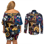 Custom Lions Football NAIDOC Week 2024 Couples Matching Off Shoulder Short Dress and Long Sleeve Button Shirt Fire Burning Aboriginal Dots Art