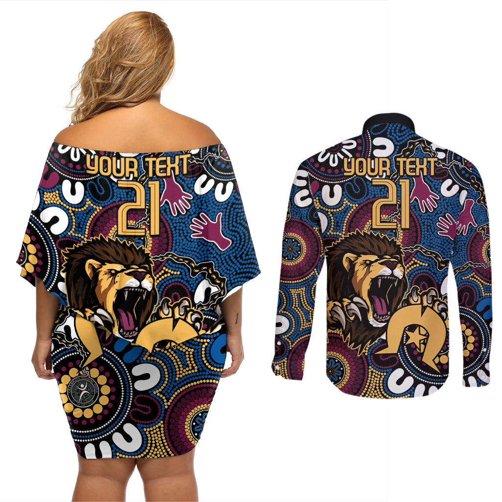 Custom Lions Football NAIDOC Week 2024 Couples Matching Off Shoulder Short Dress and Long Sleeve Button Shirt Fire Burning Aboriginal Dots Art