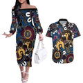Custom Lions Football NAIDOC Week 2024 Couples Matching Off The Shoulder Long Sleeve Dress and Hawaiian Shirt Fire Burning Aboriginal Dots Art