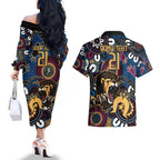 Custom Lions Football NAIDOC Week 2024 Couples Matching Off The Shoulder Long Sleeve Dress and Hawaiian Shirt Fire Burning Aboriginal Dots Art