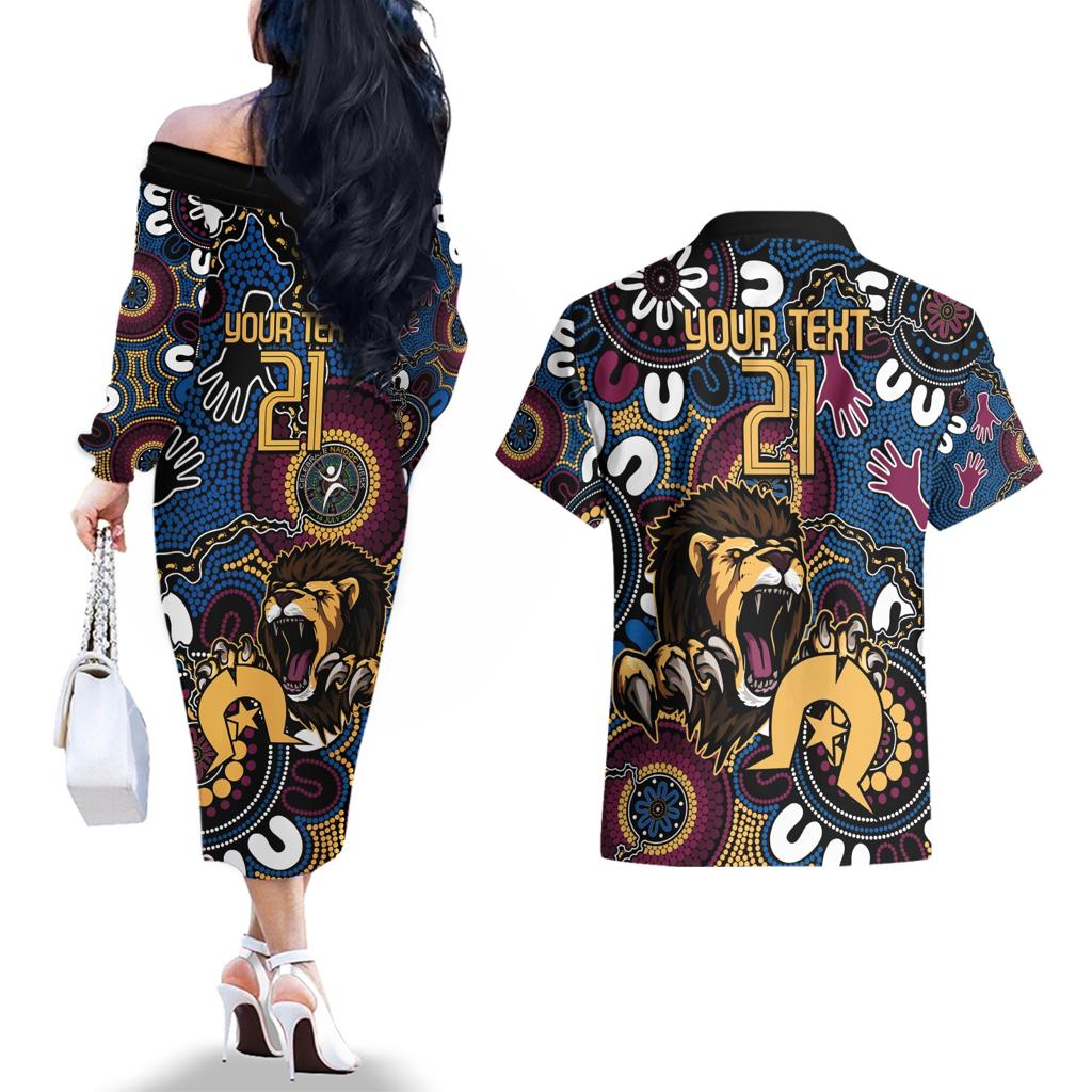 Custom Lions Football NAIDOC Week 2024 Couples Matching Off The Shoulder Long Sleeve Dress and Hawaiian Shirt Fire Burning Aboriginal Dots Art