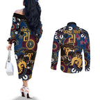 Custom Lions Football NAIDOC Week 2024 Couples Matching Off The Shoulder Long Sleeve Dress and Long Sleeve Button Shirt Fire Burning Aboriginal Dots Art