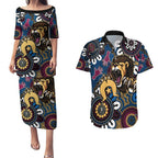 Custom Lions Football NAIDOC Week 2024 Couples Matching Puletasi and Hawaiian Shirt Fire Burning Aboriginal Dots Art