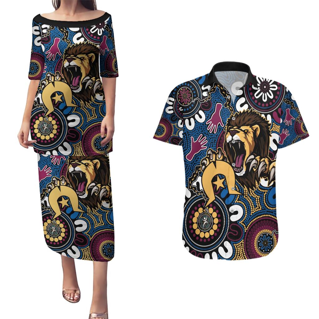 Custom Lions Football NAIDOC Week 2024 Couples Matching Puletasi and Hawaiian Shirt Fire Burning Aboriginal Dots Art