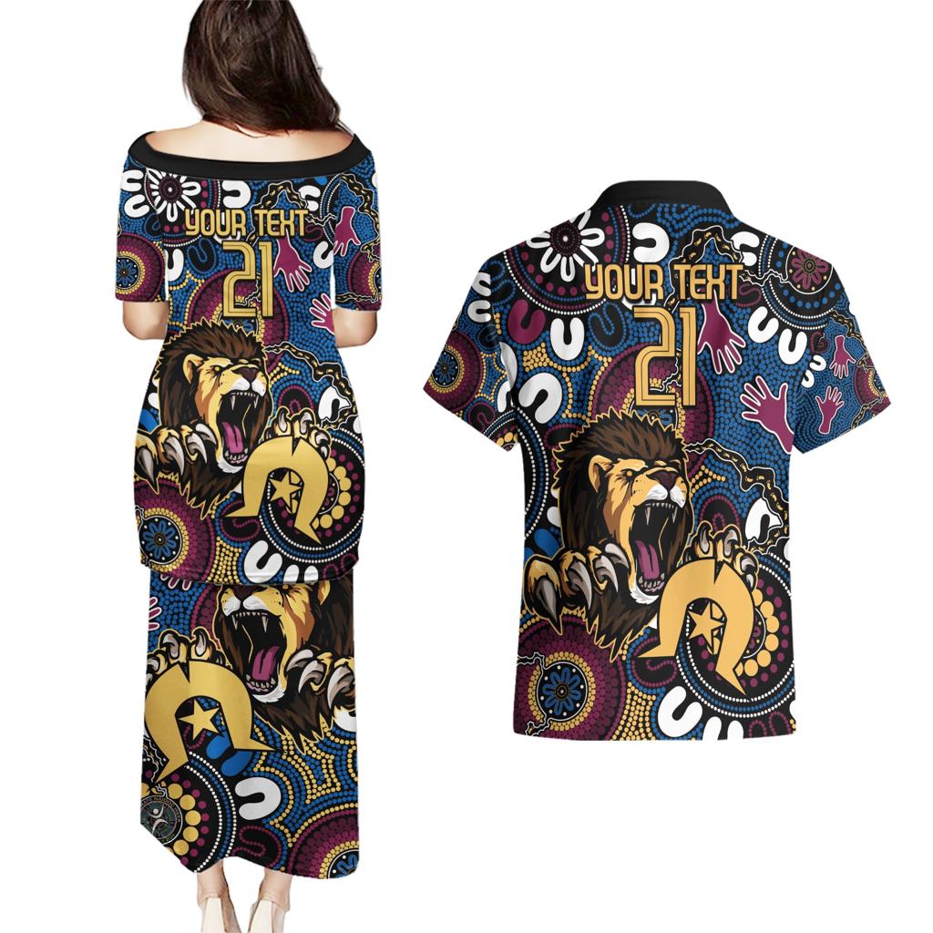 Custom Lions Football NAIDOC Week 2024 Couples Matching Puletasi and Hawaiian Shirt Fire Burning Aboriginal Dots Art