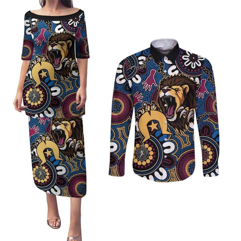 Custom Lions Football NAIDOC Week 2024 Couples Matching Puletasi and Long Sleeve Button Shirt Fire Burning Aboriginal Dots Art