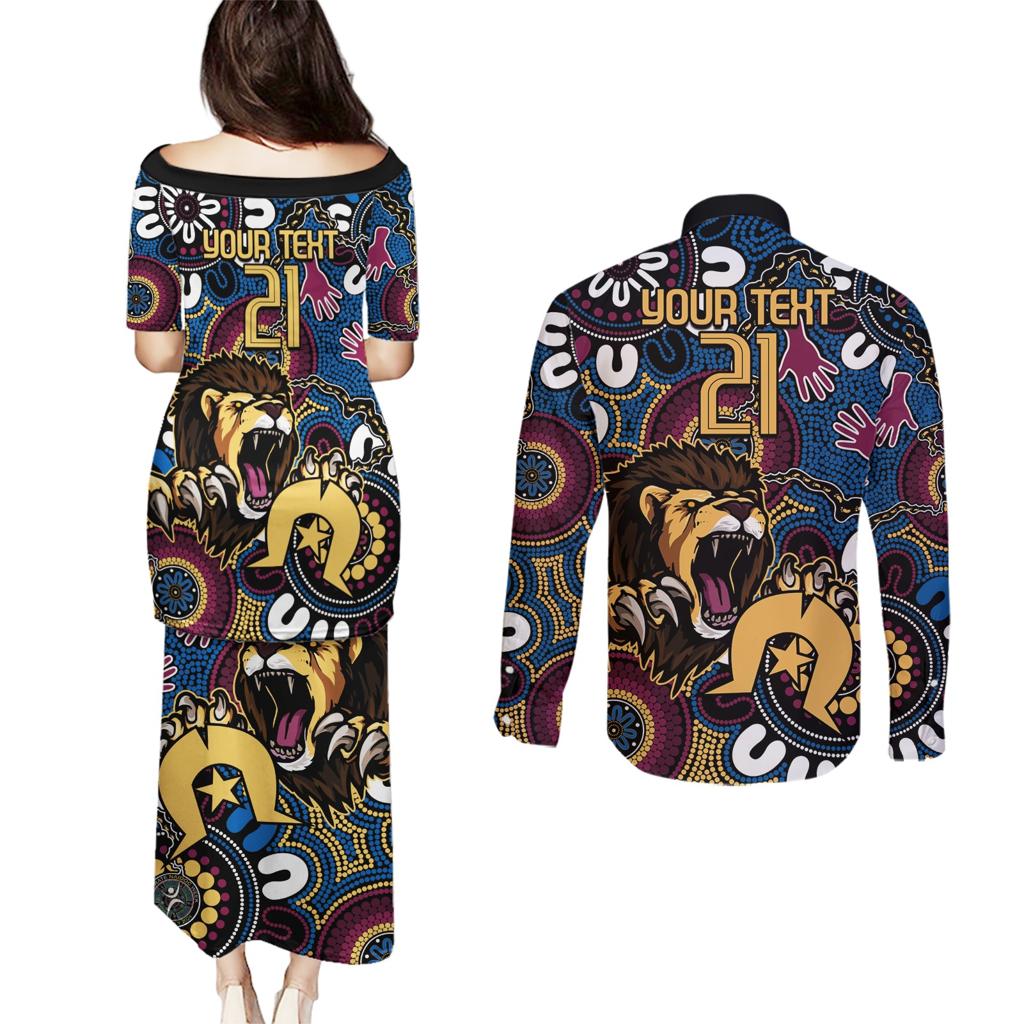 Custom Lions Football NAIDOC Week 2024 Couples Matching Puletasi and Long Sleeve Button Shirt Fire Burning Aboriginal Dots Art