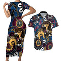 Custom Lions Football NAIDOC Week 2024 Couples Matching Short Sleeve Bodycon Dress and Hawaiian Shirt Fire Burning Aboriginal Dots Art