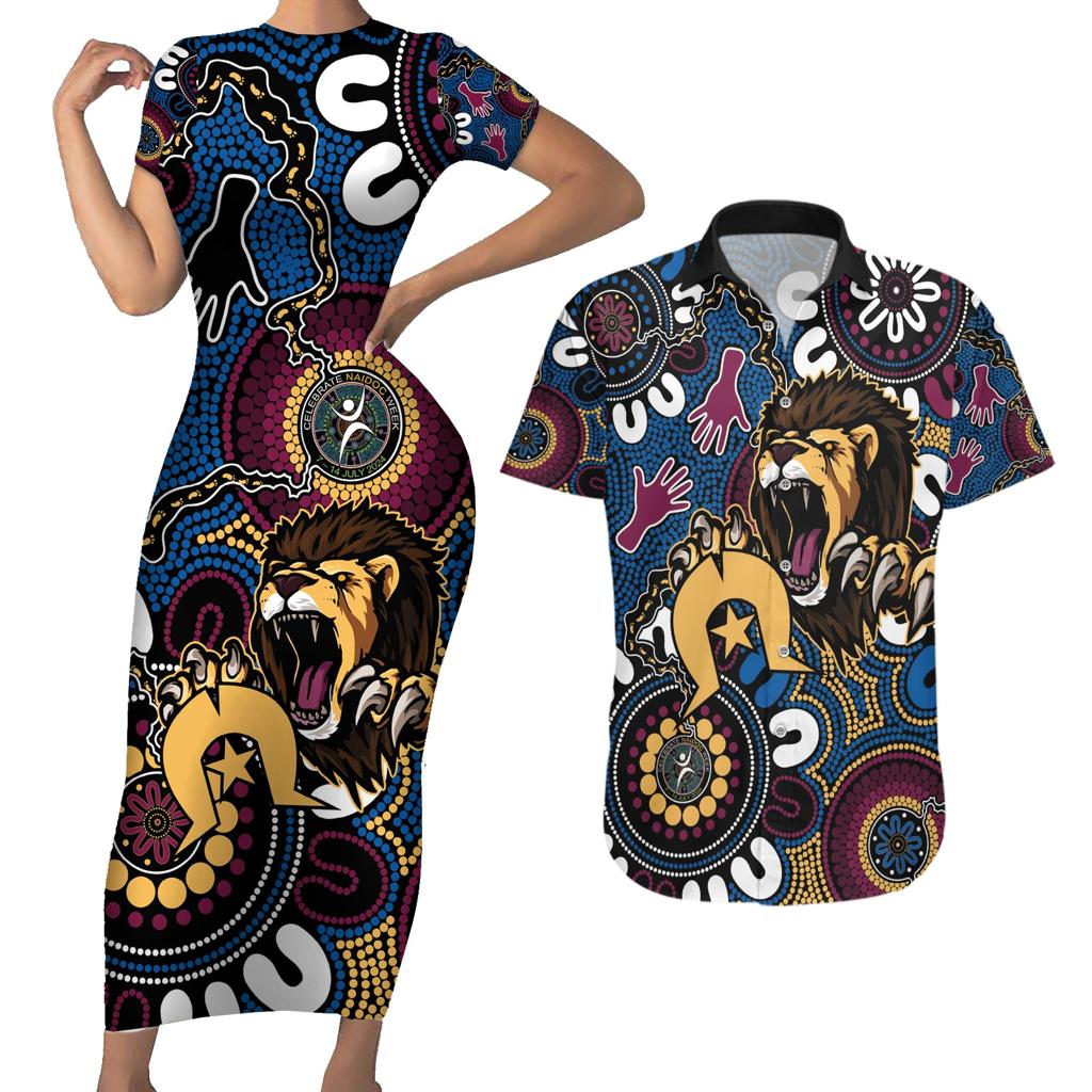Custom Lions Football NAIDOC Week 2024 Couples Matching Short Sleeve Bodycon Dress and Hawaiian Shirt Fire Burning Aboriginal Dots Art