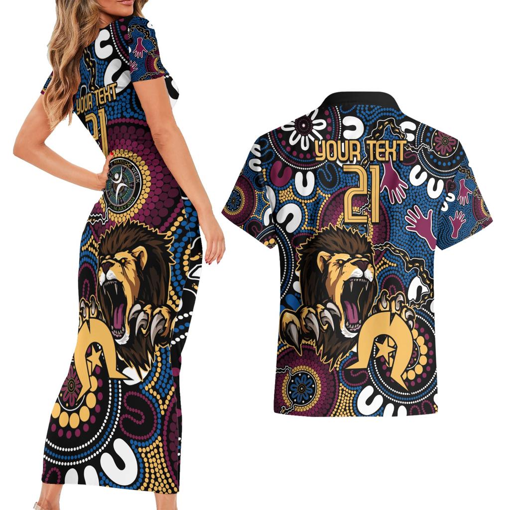 Custom Lions Football NAIDOC Week 2024 Couples Matching Short Sleeve Bodycon Dress and Hawaiian Shirt Fire Burning Aboriginal Dots Art