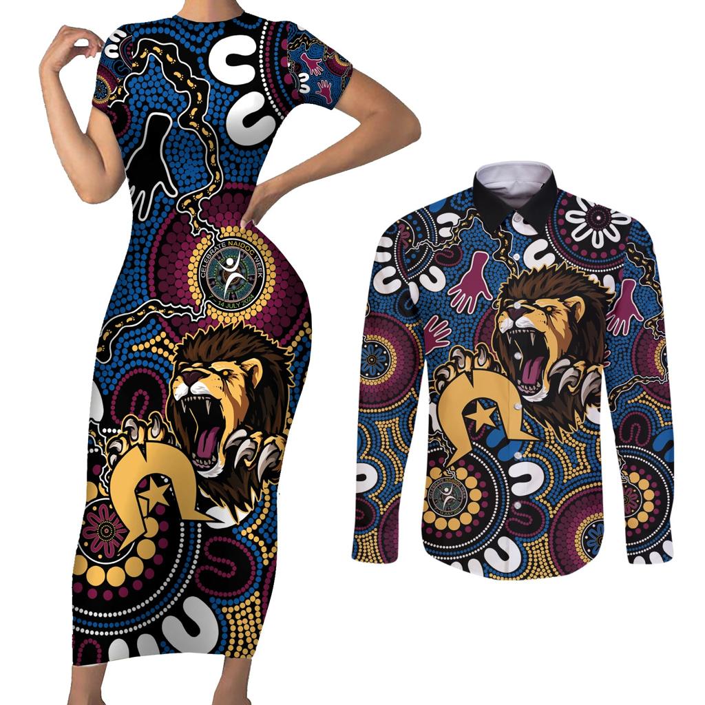 Custom Lions Football NAIDOC Week 2024 Couples Matching Short Sleeve Bodycon Dress and Long Sleeve Button Shirt Fire Burning Aboriginal Dots Art