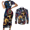 Custom Lions Football NAIDOC Week 2024 Couples Matching Short Sleeve Bodycon Dress and Long Sleeve Button Shirt Fire Burning Aboriginal Dots Art